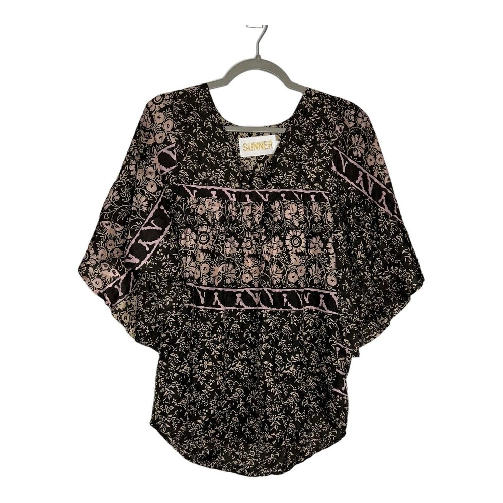 Anthropologie Sunner Silk Blouse Oversized Brown Pink Womens XS Boho Oversized